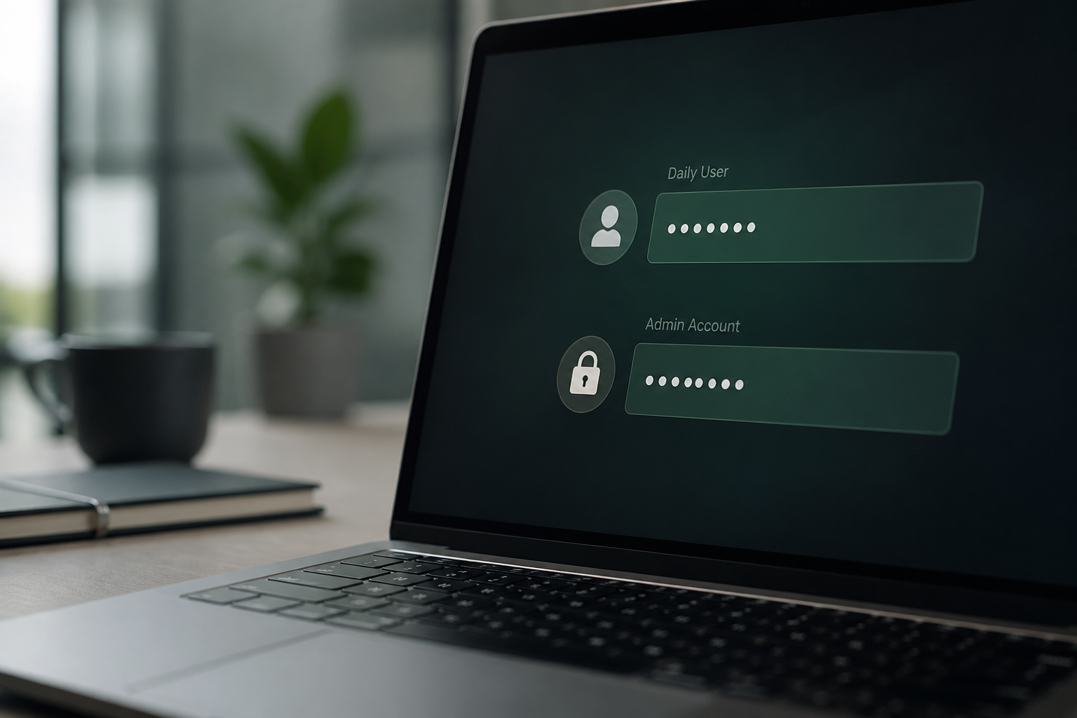 A laptop screen showing two distinct login fields, 'Daily User' and 'Admin Account', representing separate access for a Microsoft 365 security audit for small business.