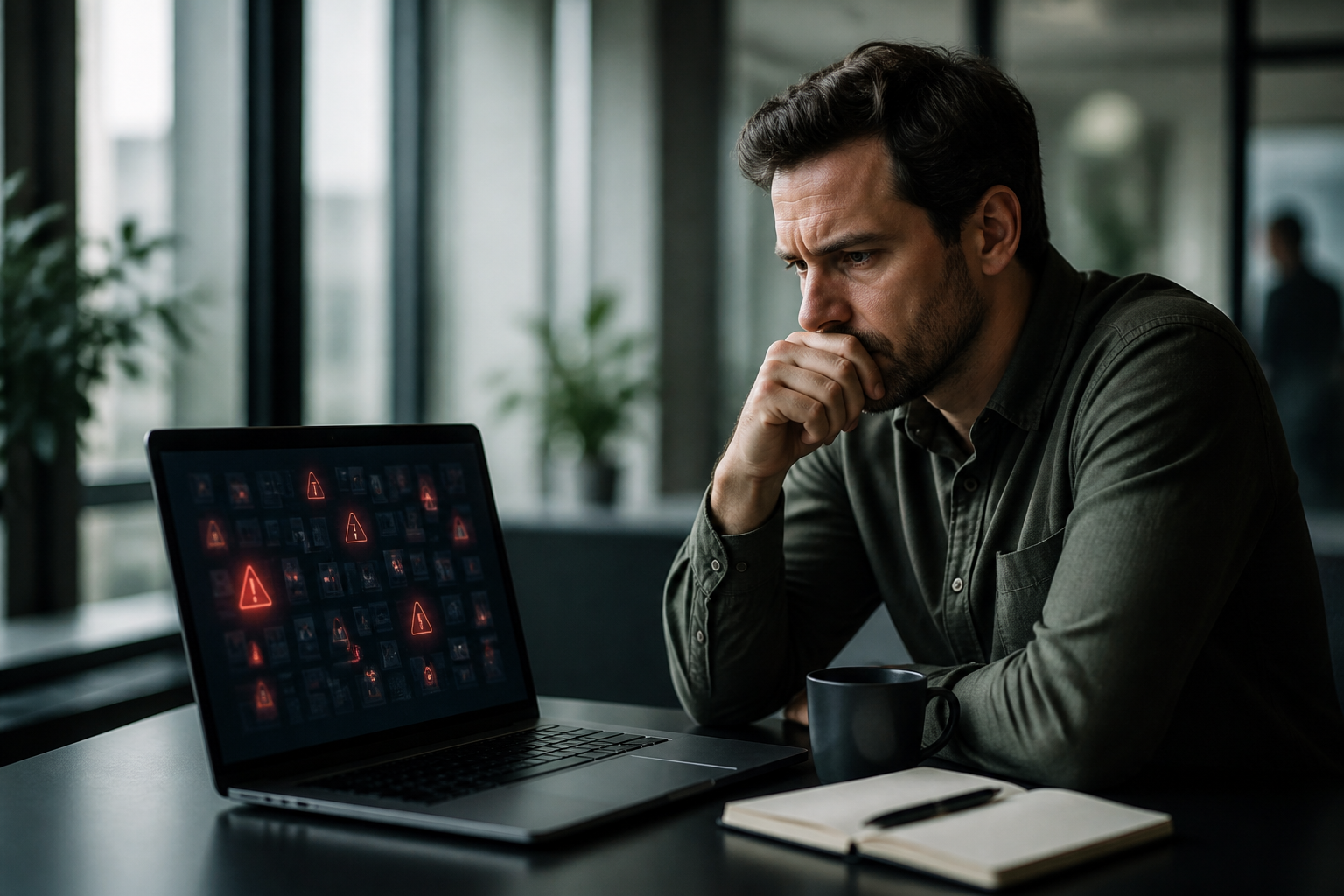 A person looking worried at a laptop screen showing multiple unauthorised app icons, representing Shadow IT risks for a Microsoft 365 security audit for small business.