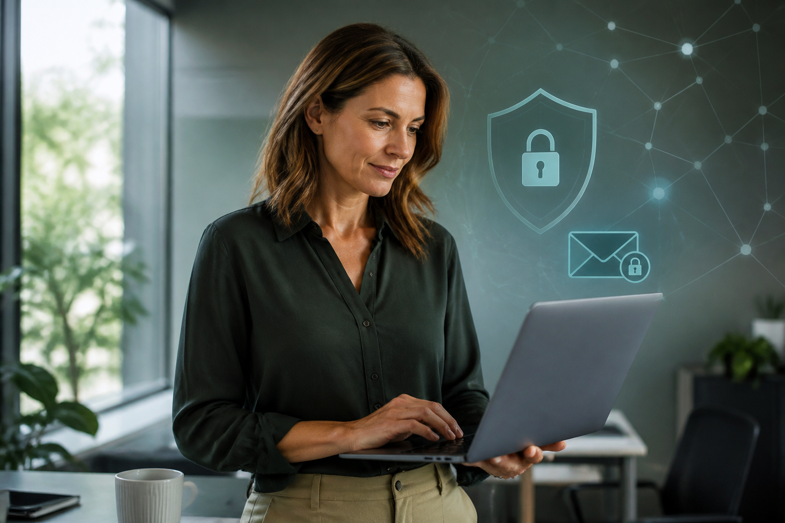 An Australian small business owner confidently reviewing email security settings on a laptop, symbolising the importance of SPF, DKIM, and DMARC for Australian small business email security.
