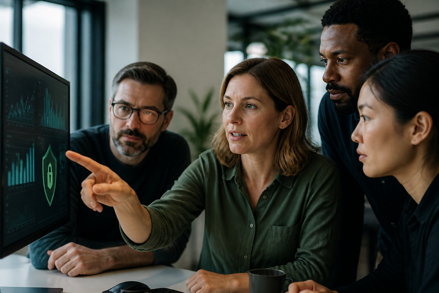 Small business team reviewing cybersecurity reports, highlighting microsoft intune device compliance basics for a a 20-person business.