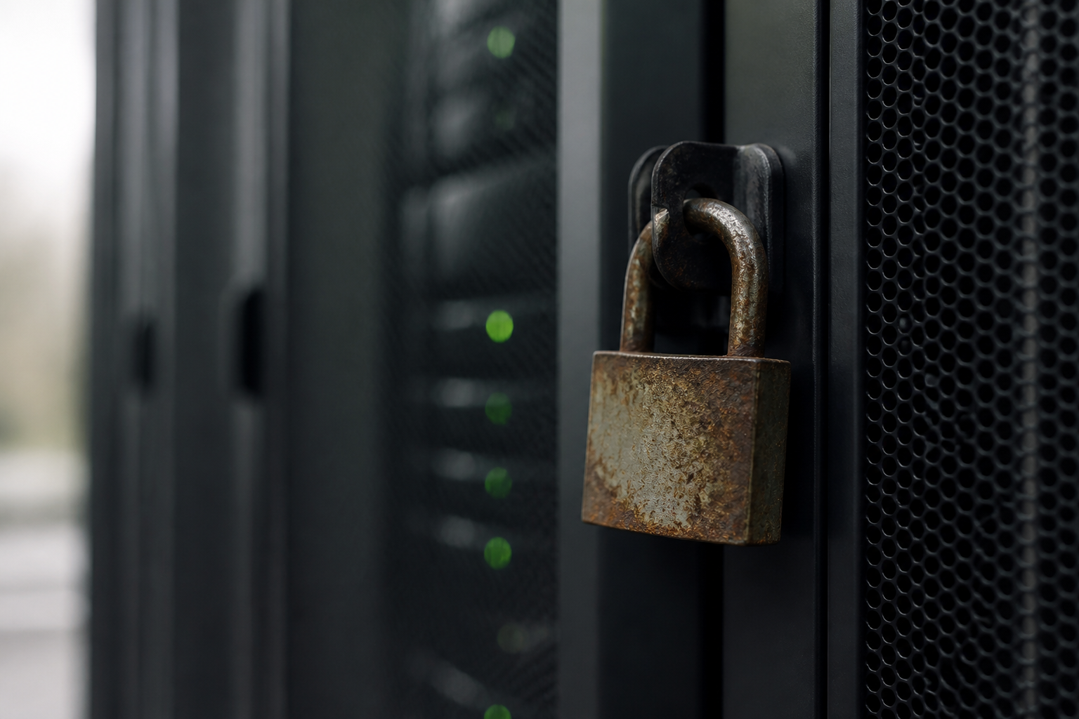 An old, rusty padlock on a modern server rack door, symbolising the outdated security risk of legacy authentication uncovered during a microsoft 365 security audit for small business.