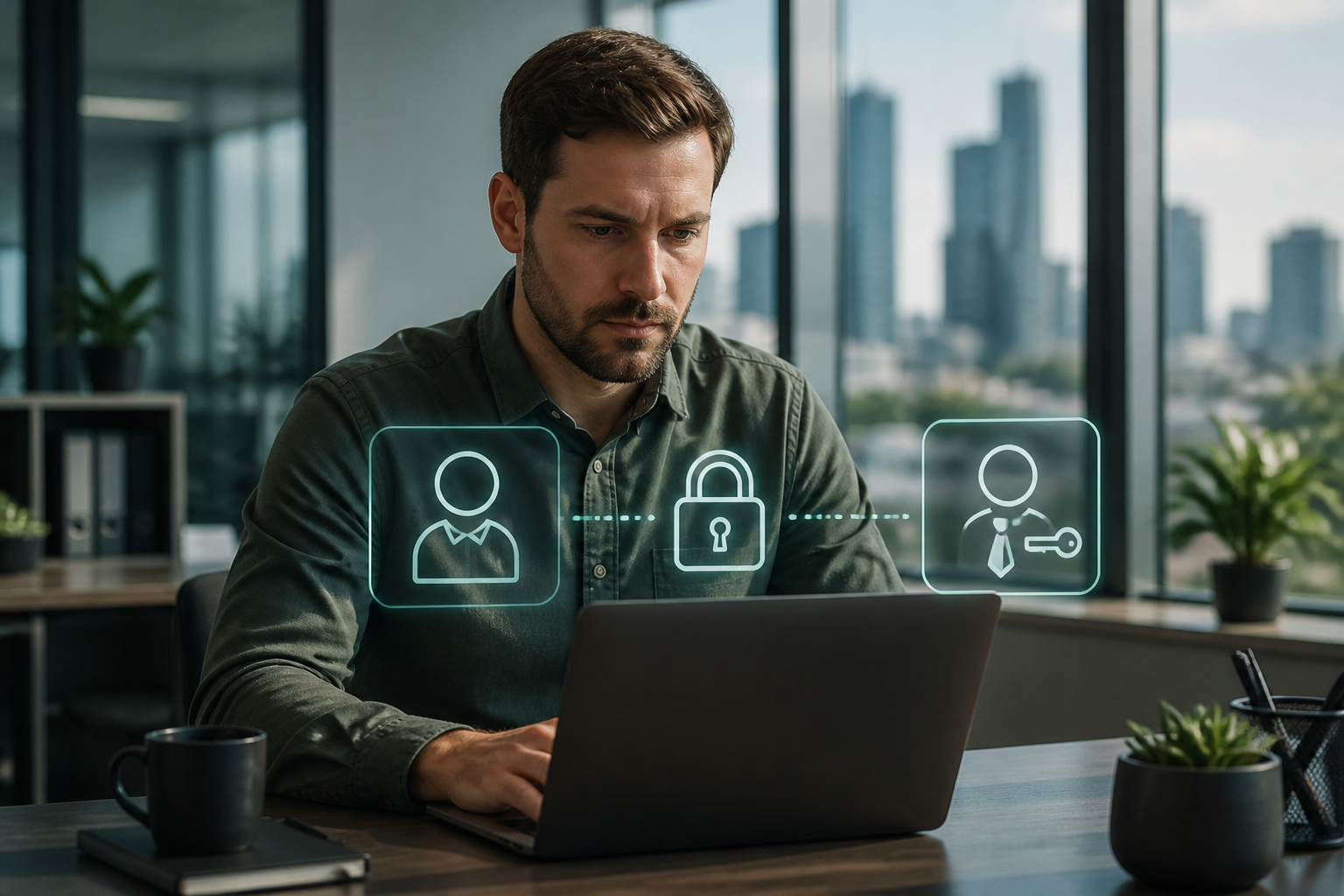 A visual representation of separate admin and user accounts on a laptop screen, emphasising secure practices for a Microsoft 365 security audit for small business.