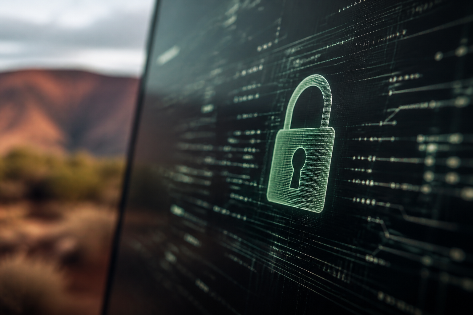 A digital lock icon on a screen, symbolising a Microsoft 365 security audit for small business, with a blurred office background.
