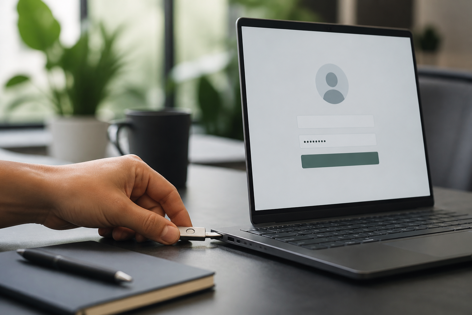 A hand inserting a security key into a laptop, demonstrating enhanced google workspace super admin security.