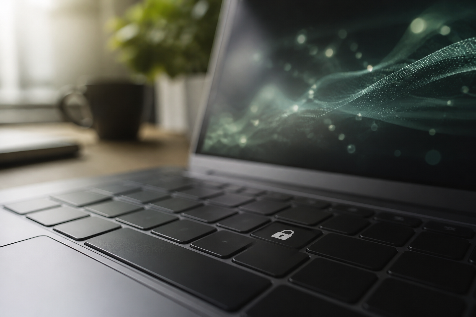 Laptop keyboard with a padlock key symbol, representing secure login for a Microsoft 365 security audit for small business.
