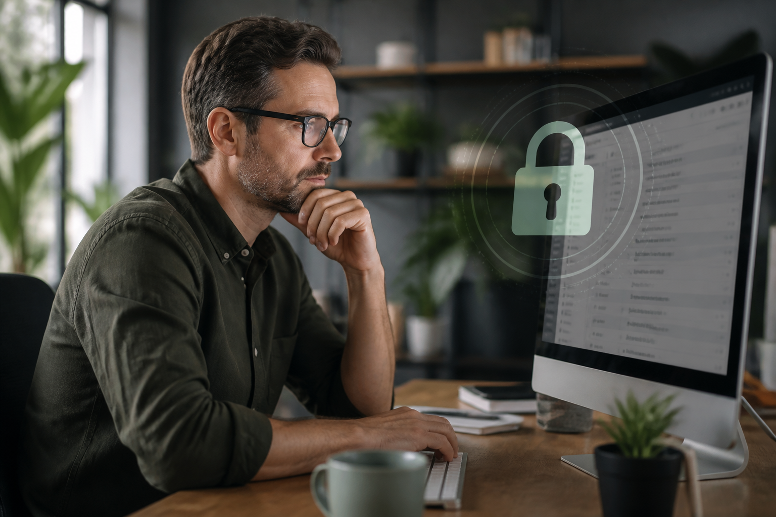 An Australian small business owner reviewing security settings on a laptop, with a padlock icon overlaid, representing a Microsoft 365 security audit for small business.