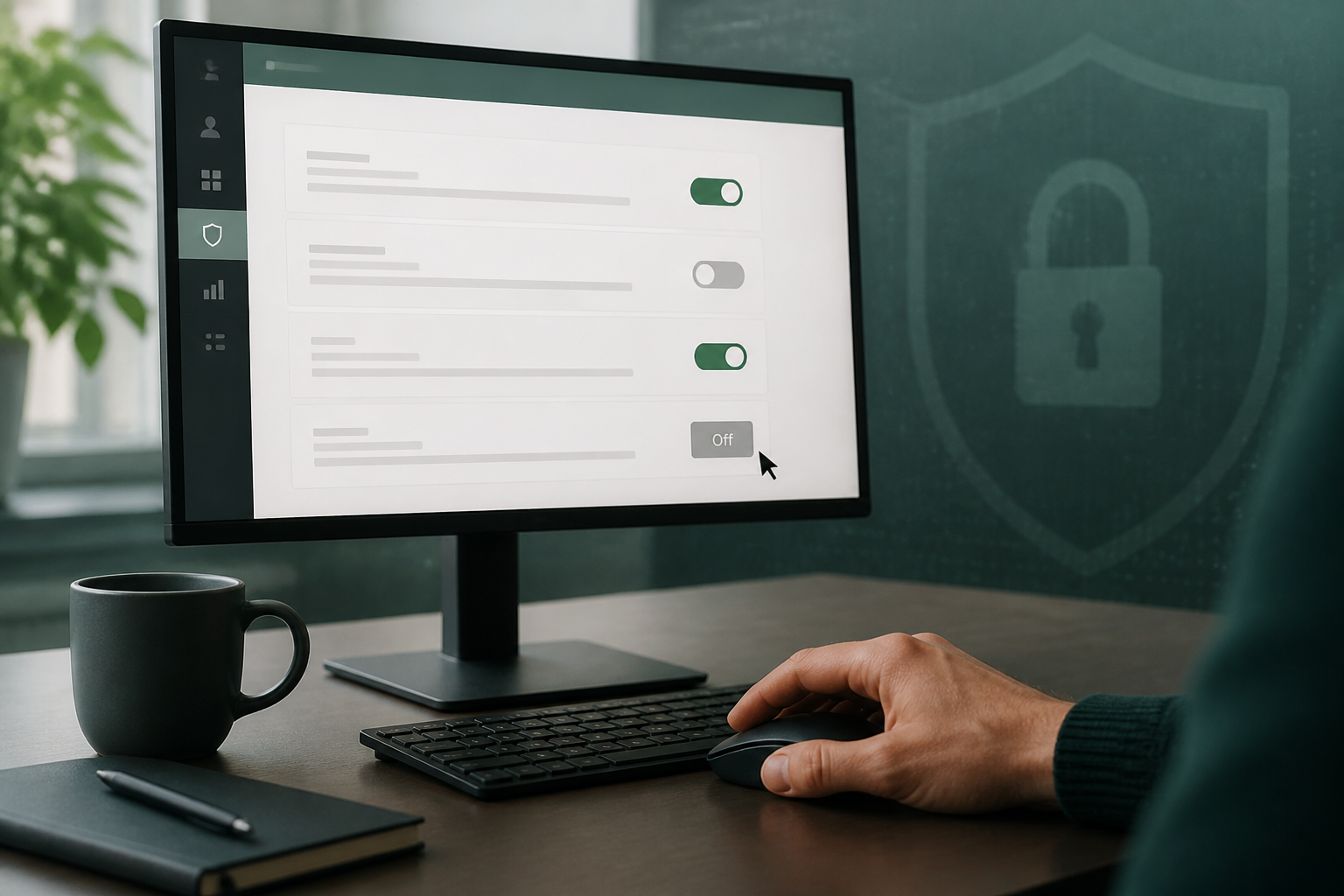 A hand clicking 'disable' on a computer screen, illustrating how to perform a Google Workspace security audit for small business by turning off IMAP and POP access.