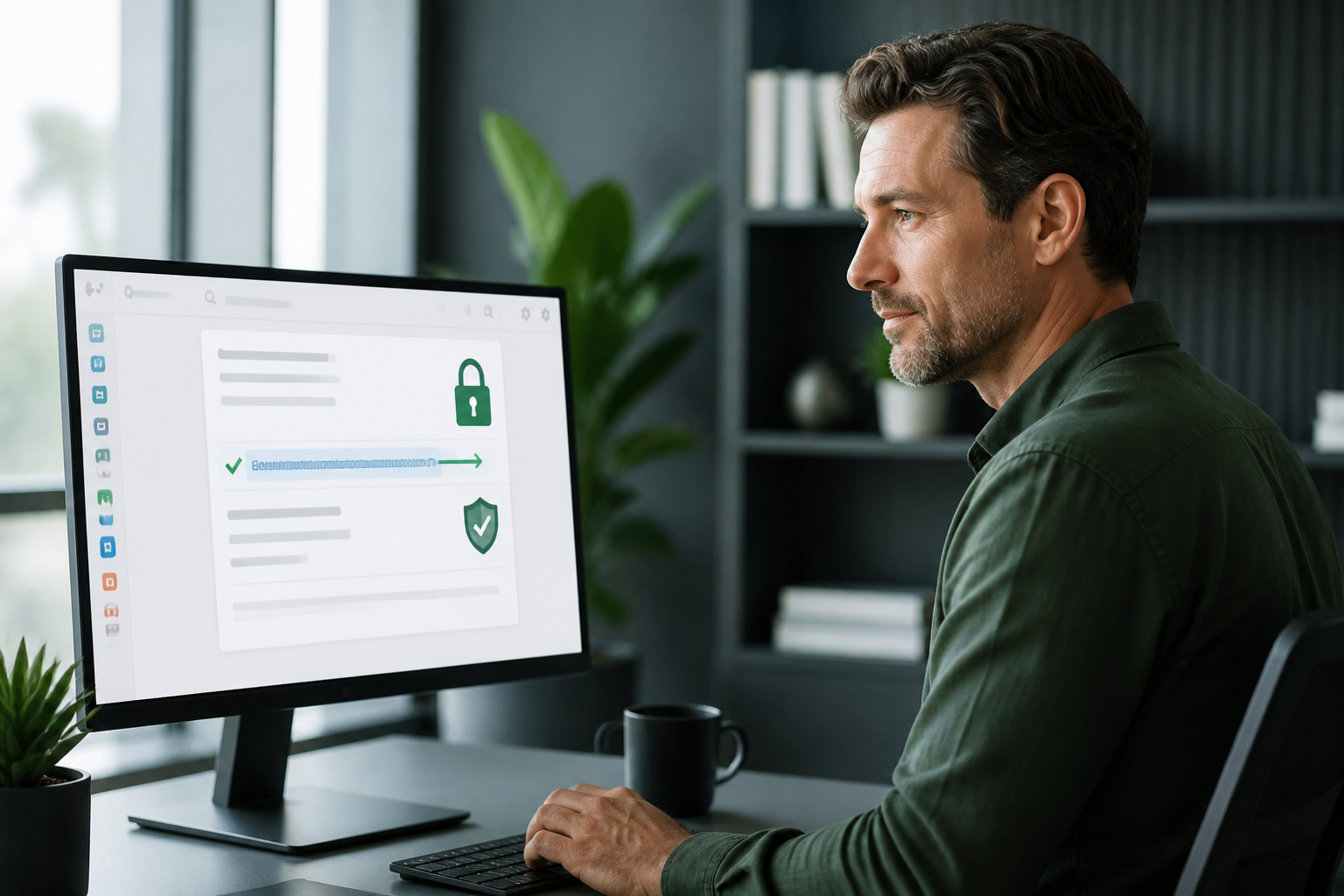 An Australian small business owner confidently looking at a computer screen, reviewing Microsoft 365 email security settings, specifically focusing on Safe Links and Attachments as part of a microsoft 365 security audit for small business.