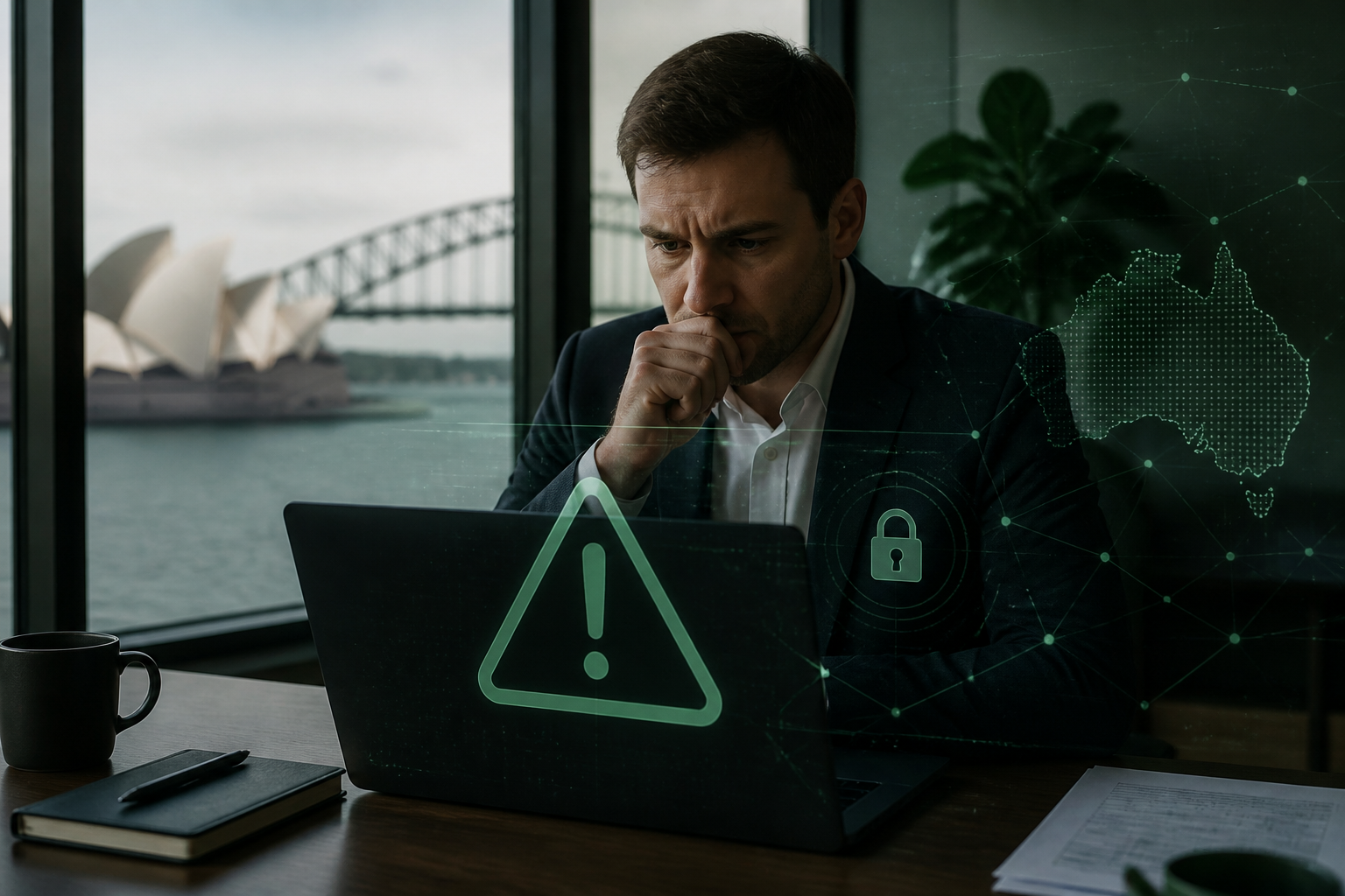 A concerned business owner looking at a laptop, illustrating the importance of a Google Workspace security setting for small business against cyber threats.