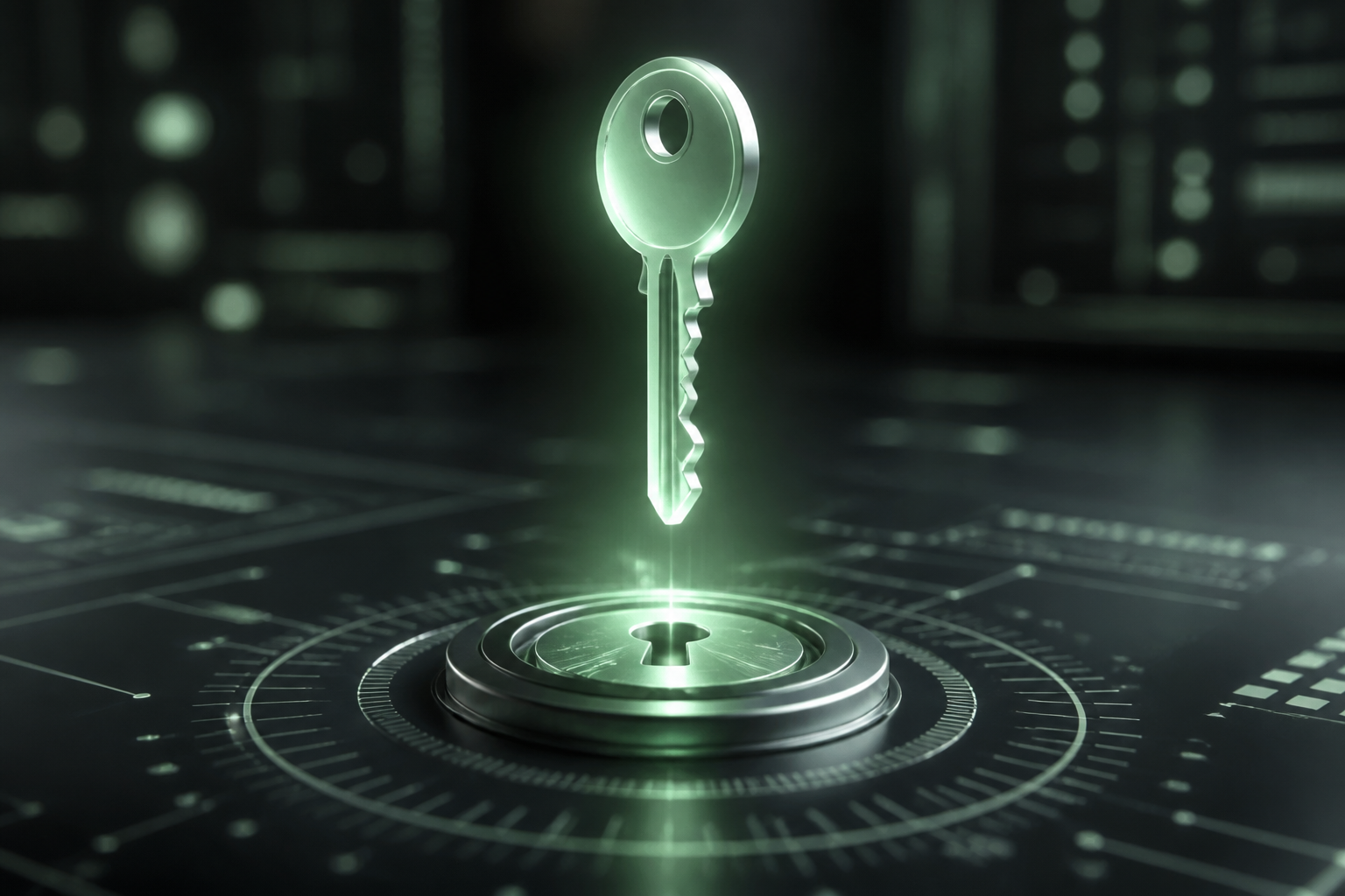 A digital image of a glowing, isolated key highlighting the importance of separate Microsoft 365 privileged accounts for security.