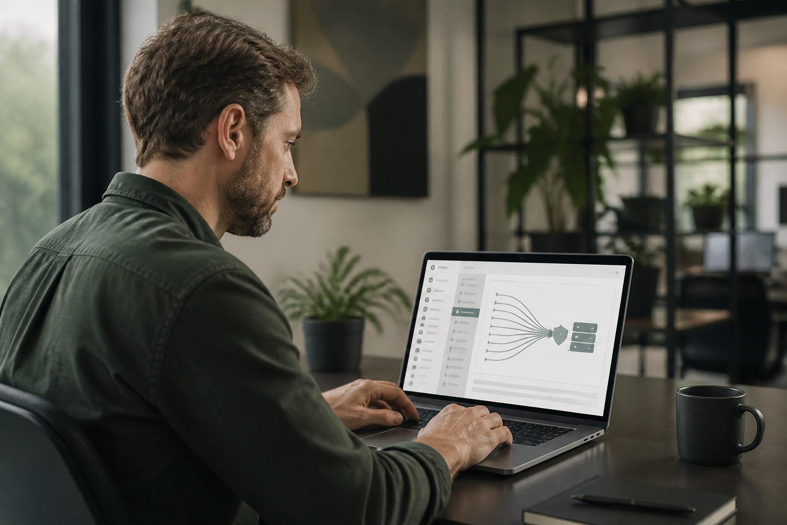Business owner configuring Google Vault email retention for Google Workspace on a laptop.
