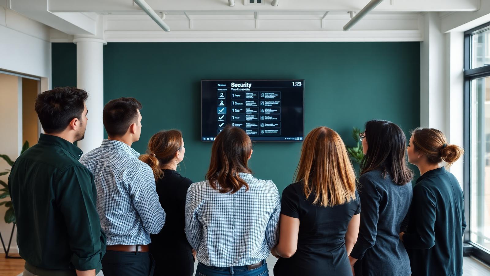 Small Australian business team reviewing a security checklist on a wall screen