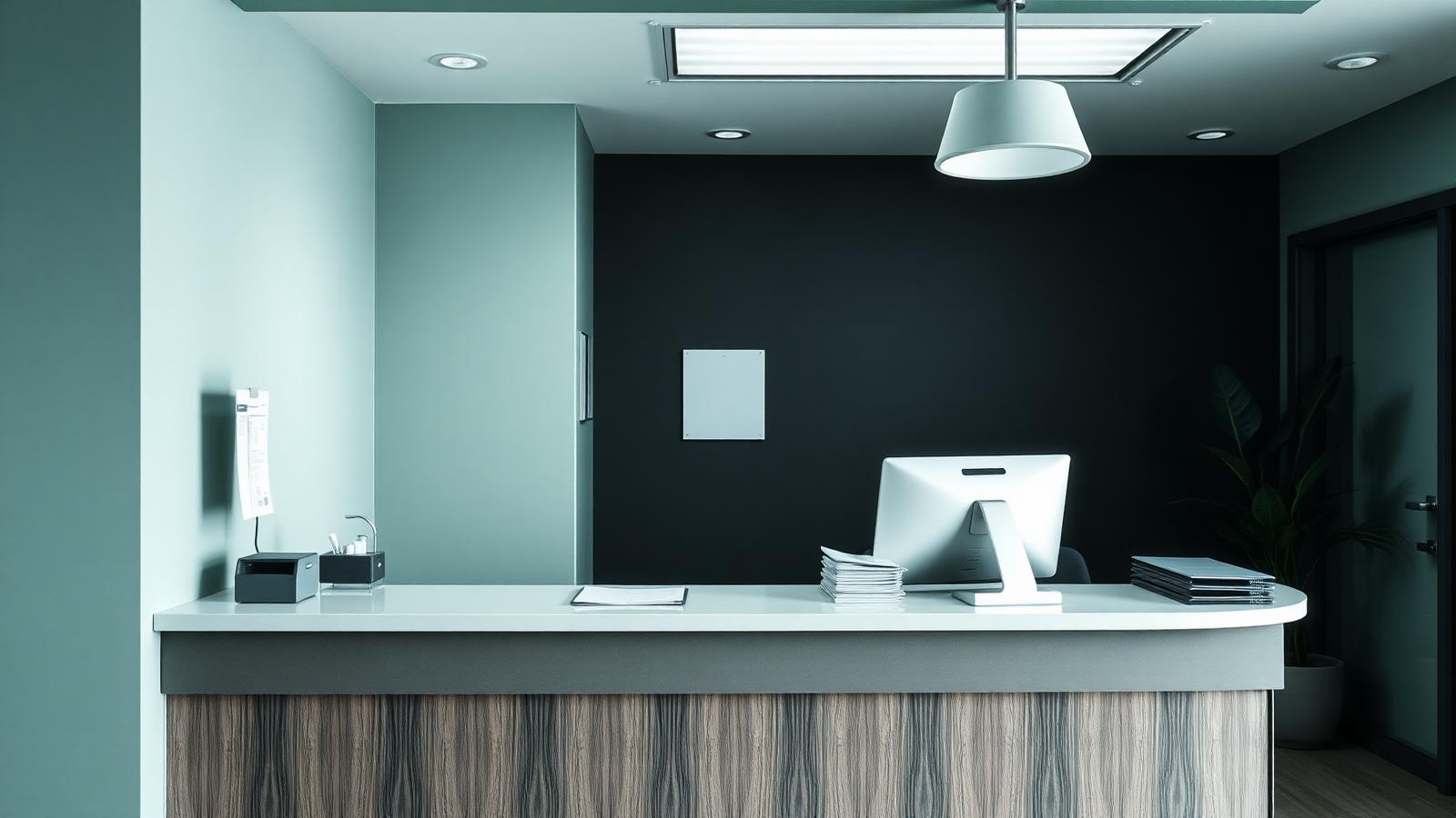 Reception desk of an Australian medical practice with patient records and a computer