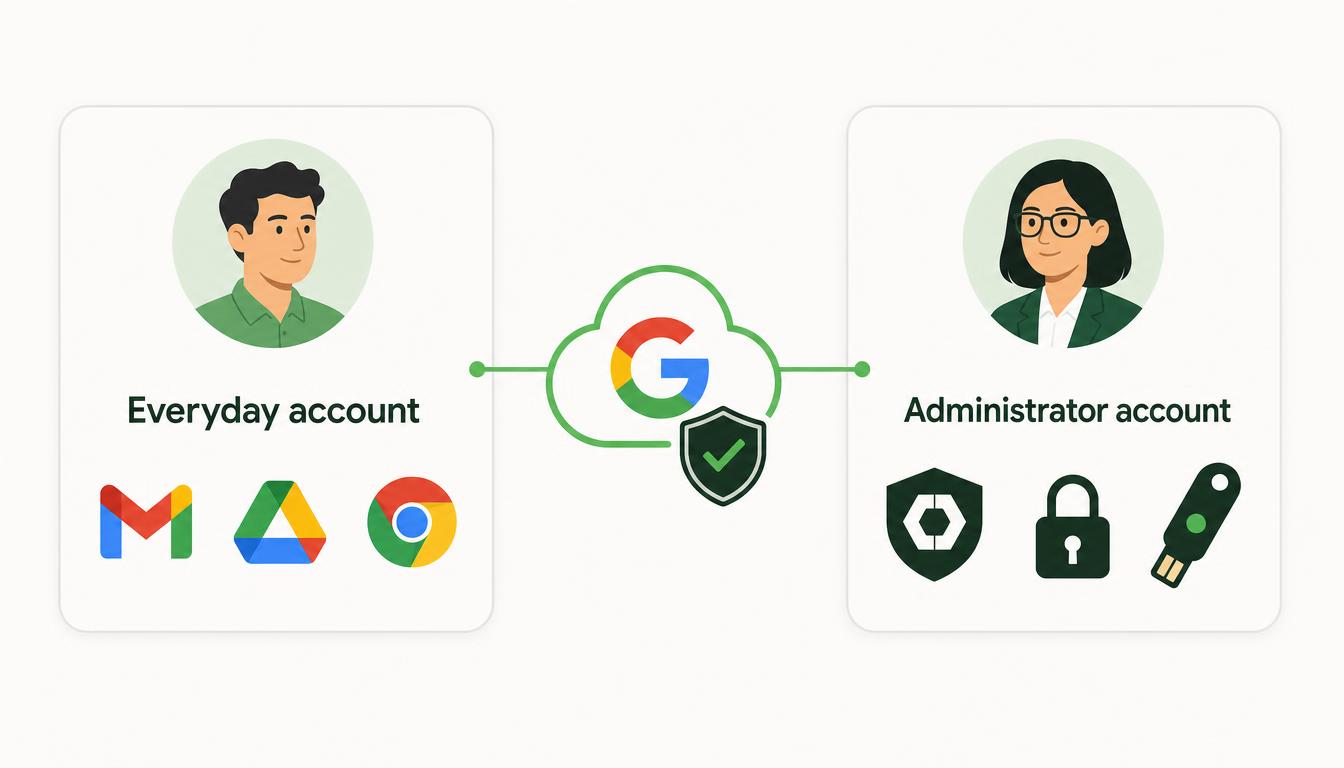 Google Workspace separate administrator accounts: everyday user profile separated from privileged admin account with Google Admin console and security shield