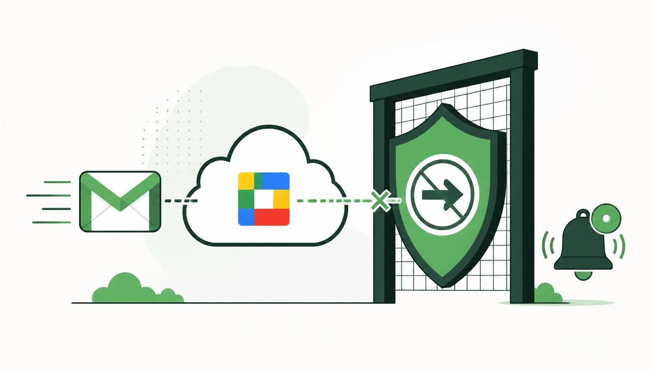 Google Workspace Gmail shield blocking external auto-forwarding with alert bell